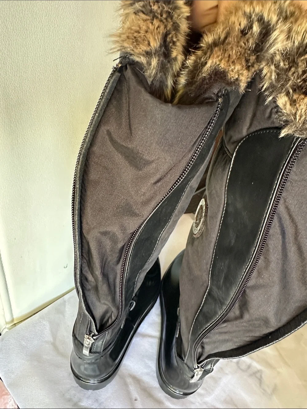 Santana Canada Black Quilted Knee-High Rain Boots with Fur Trim